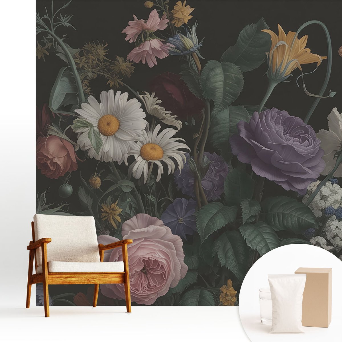 Wallfluent Fotobehang - Zwart Vliesbehang - 250x250 cm - Bloemige Elegantie Fotobehang Vlies - Woonkamer behang Bloemen En Planten - Muurschildering - Woonkamer behang