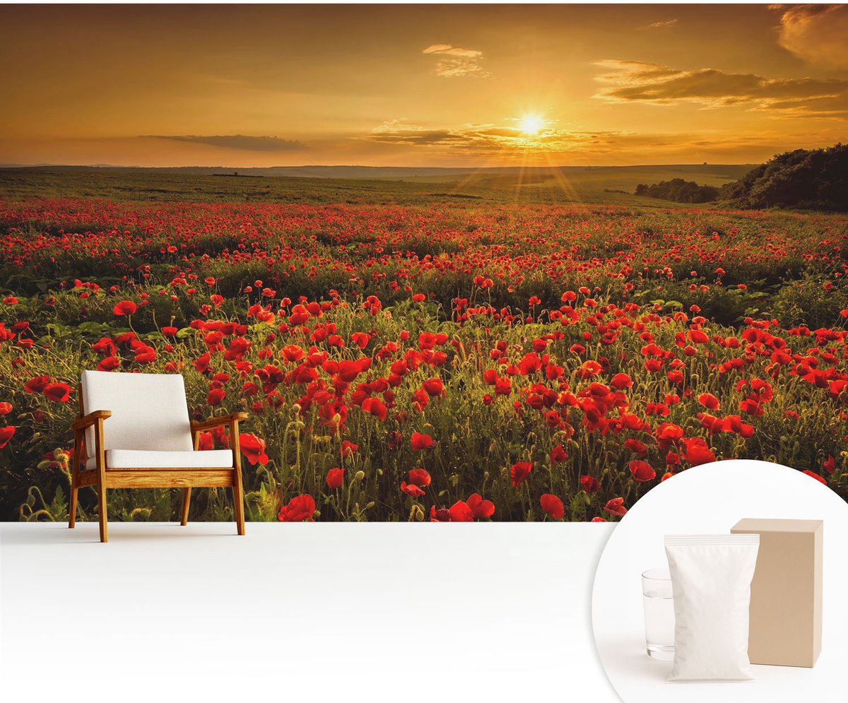 Wallfluent Fotobehang - Rood Vliesbehang - 416x254 cm - Papaverveld Fotobehang Vlies - Hal behang Landschappen - Muurschildering - Woonkamer behang