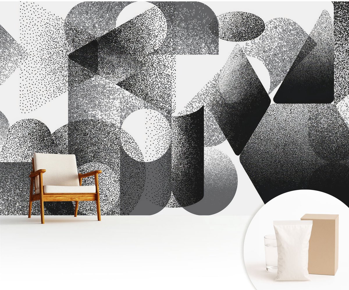 Wallfluent Fotobehang - Zwart-Wit Vliesbehang - 416x254 cm - Geometrische Vormen Fotobehang Vlies - Woonkamer behang Abstractie - Muurschildering - Woonkamer behang