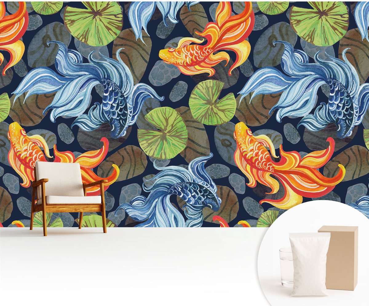 Wallfluent Fotobehang - Zwart Vliesbehang - 416x254 cm - Vispatronen Fotobehang Vlies - Woonkamer behang Dieren - Muurschildering - Hal behang