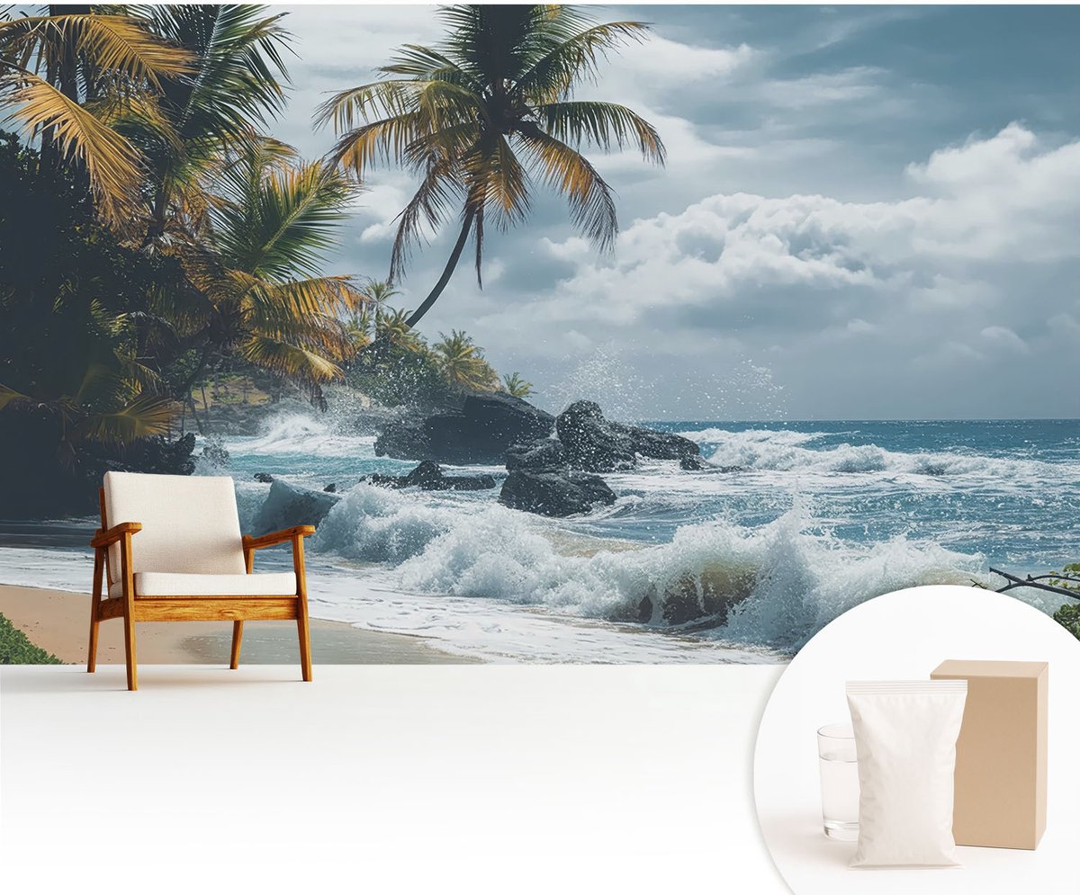 Wallfluent Fotobehang - Blauw Vliesbehang - 416x254 cm - Exotisch Strand Muurschildering - Slaapkamer behang Landschappen - Fotobehang Vlies - Gang behang
