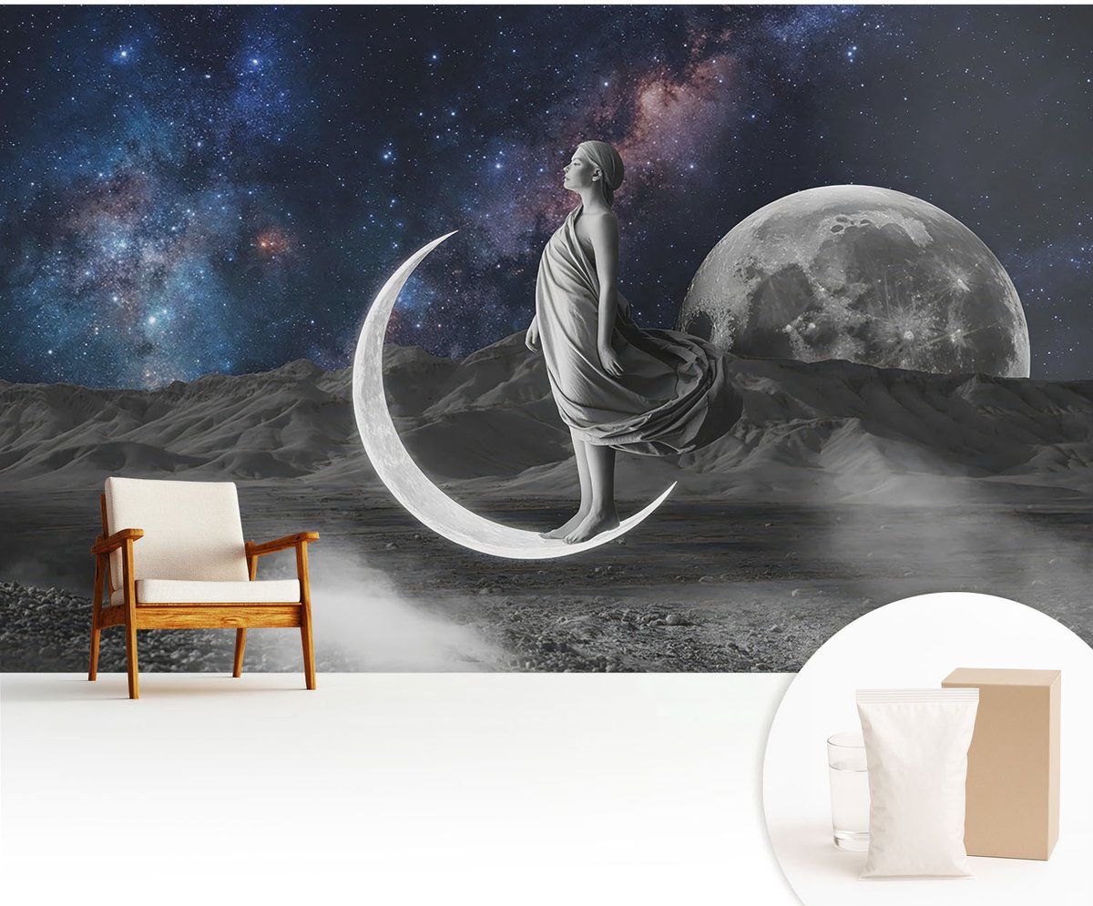 Wallfluent Fotobehang - Zwart-Wit Vliesbehang - 416x254 cm - Nachtdromen Fotobehang Vlies - Woonkamer behang Kosmos - Muurschildering - Woonkamer behang