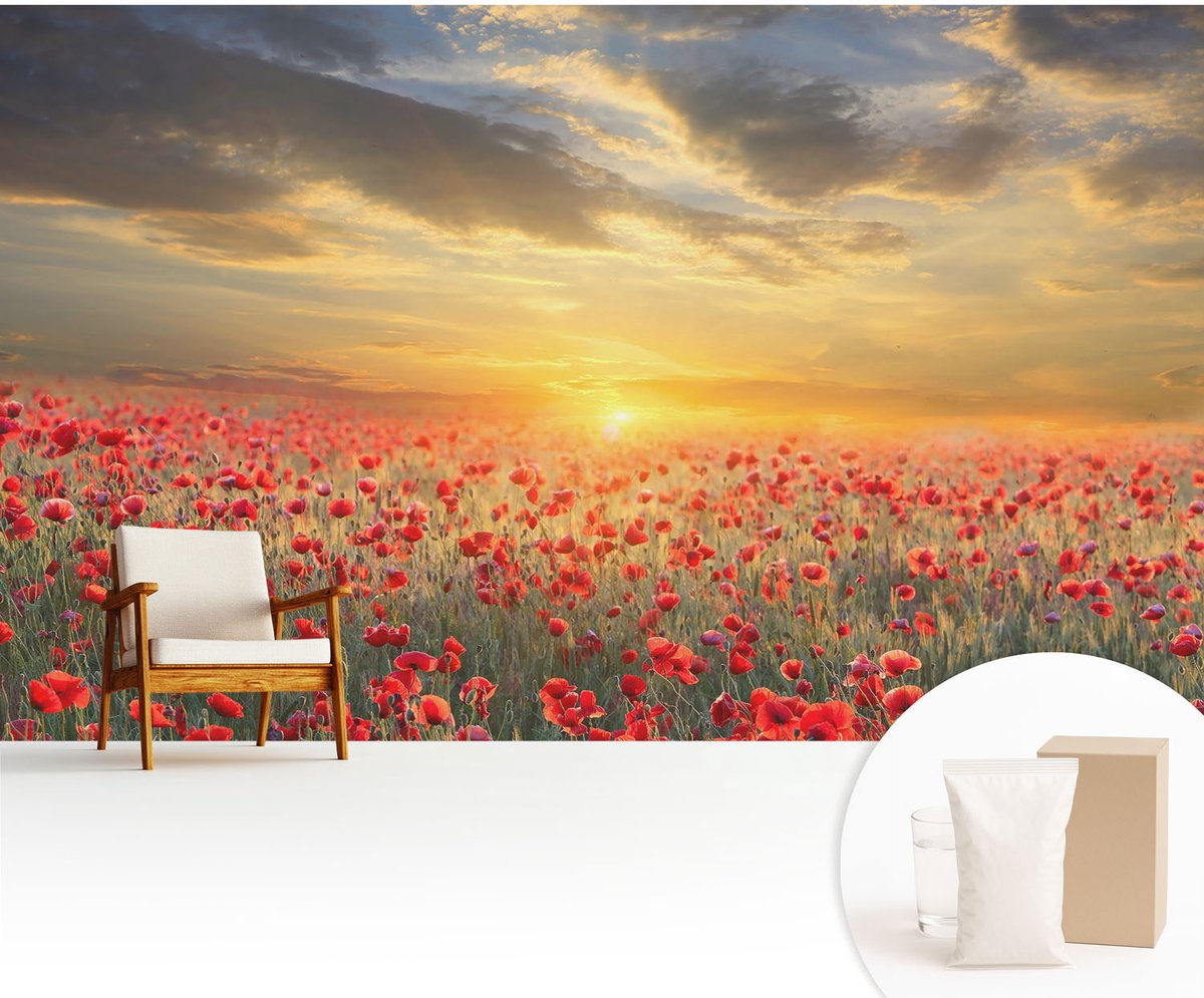 Wallfluent Fotobehang - Rood Vliesbehang - 416x254 cm - Papaverveld Muurschildering - Slaapkamer behang Bloemen En Planten - Fotobehang Vlies - Slaapkamer behang