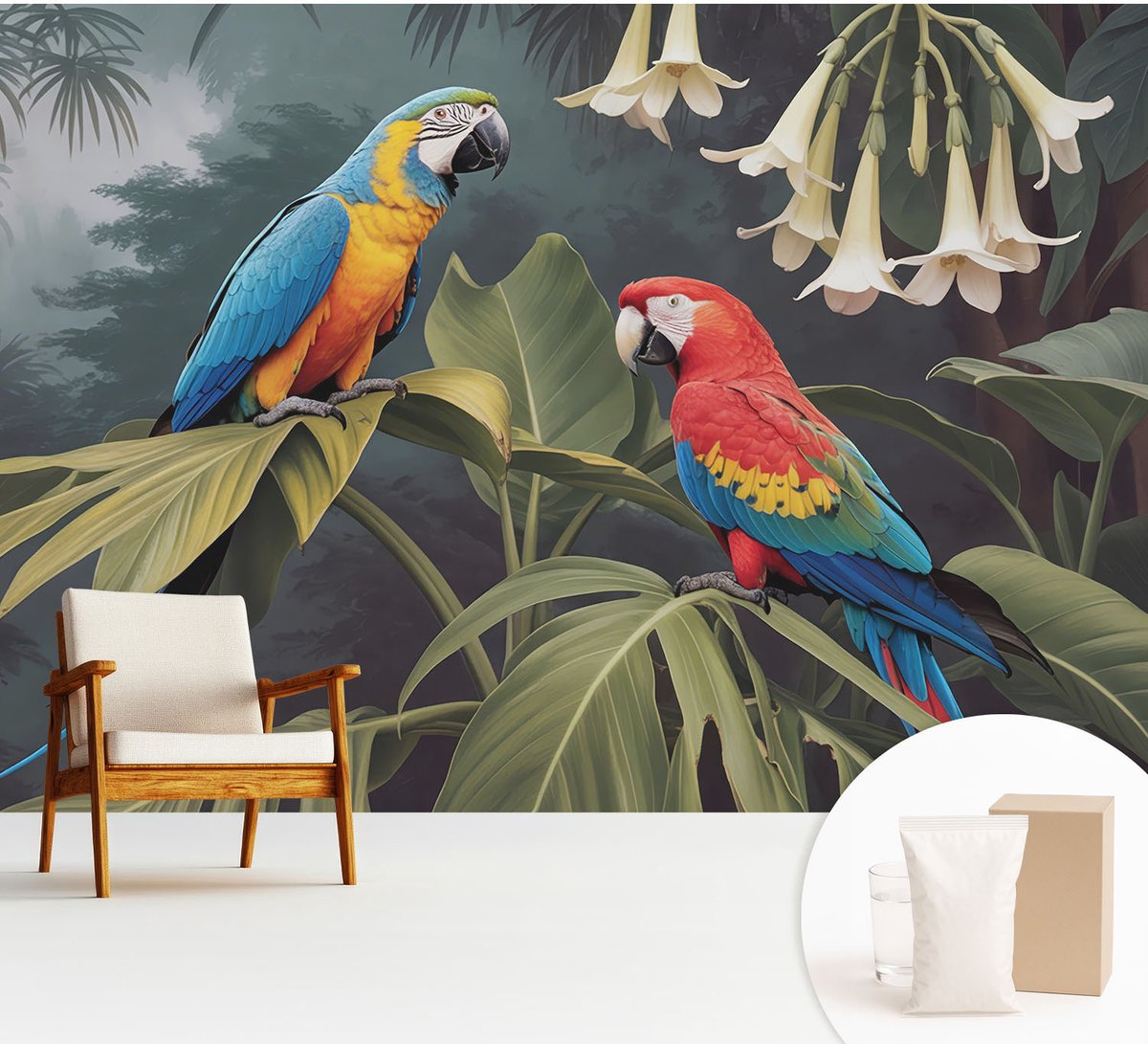 Wallfluent Fotobehang - Zwart Vliesbehang - 312x219 cm - Kleurrijke Papegaaien Fotobehang Vlies - Woonkamer behang Dieren - Muurschildering - Hal behang