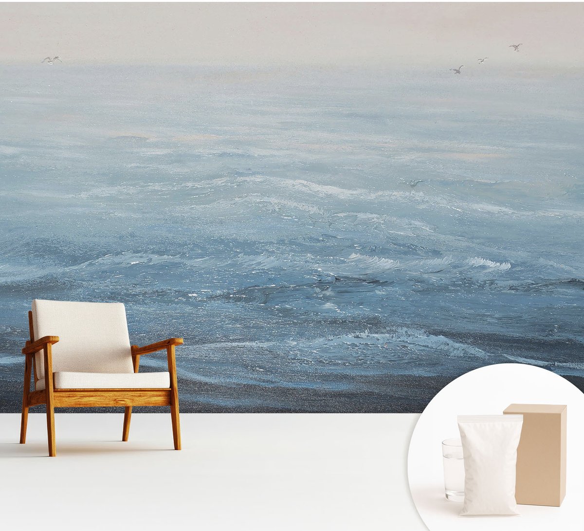 Wallfluent Fotobehang - Blauw Vliesbehang - 312x219 cm - De Zee Is Kalm. Muurschildering - Gang behang Landschappen - Fotobehang Vlies - Slaapkamer behang