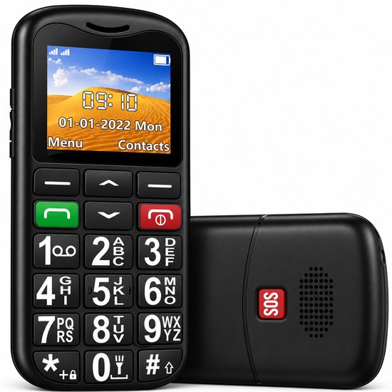 Zwarte senioren mobiele telefoon met grote toetsen. De tijd 09:10 en datum 01-01-2022 zijn zichtbaar. Naast de telefoon ligt de achterkant met een SOS-knop.
