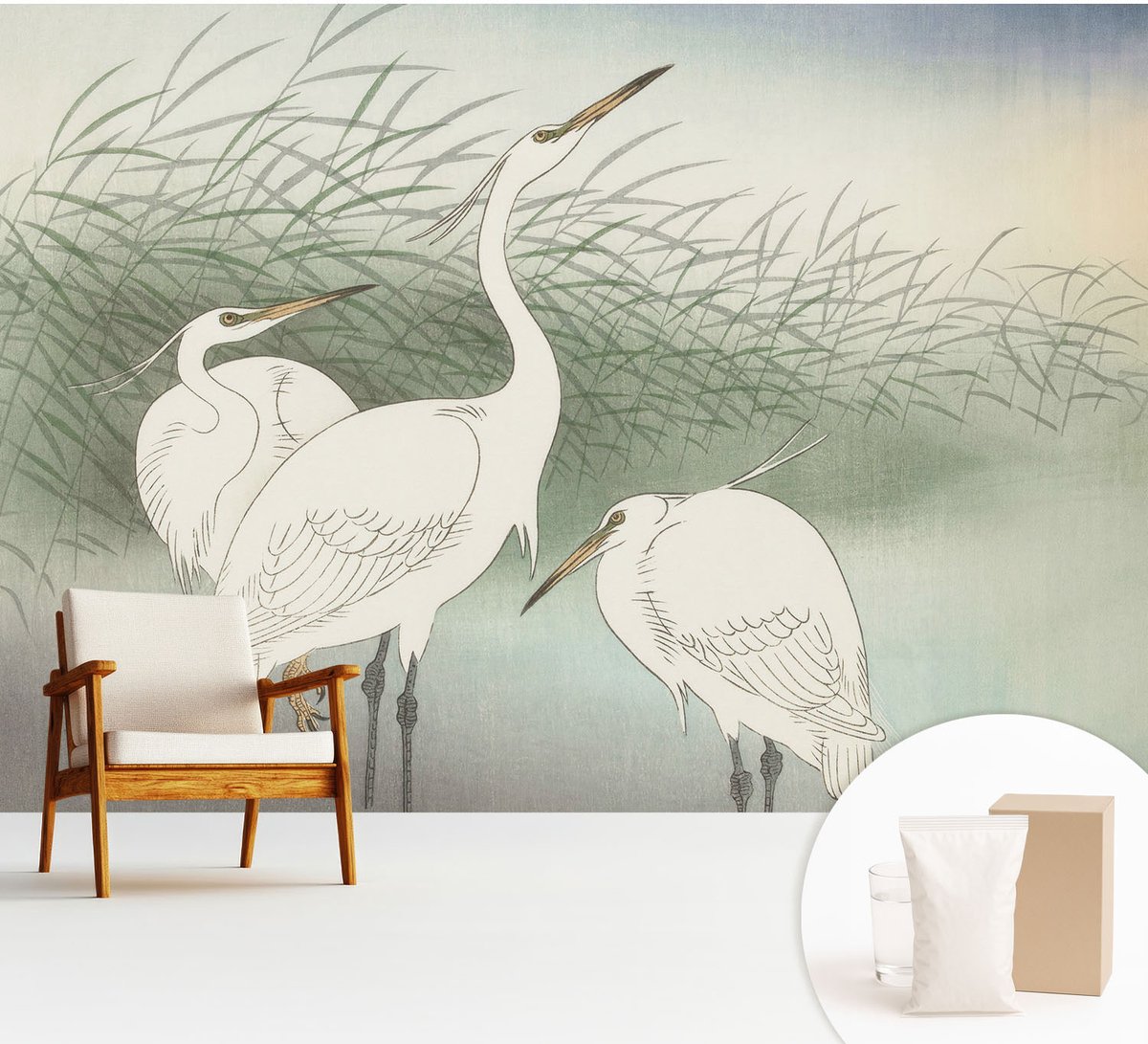 Wallfluent Fotobehang - Wit Vliesbehang - 312x219 cm - Reigers In Het Gras Fotobehang Vlies - Woonkamer behang Dieren - Muurschildering - Hal behang