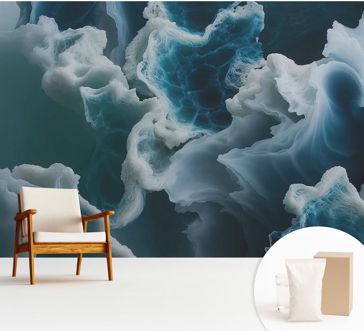 Wallfluent Fotobehang - Blauw Vliesbehang - 312x219 cm - Zeegolven Fotobehang Vlies - Woonkamer behang Abstractie - Muurschildering - Hal behang