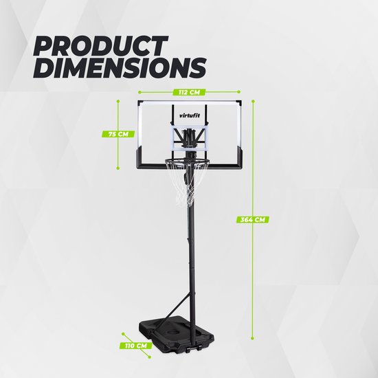 Afmetingen van de VirtuFit basketbalpaal: 364cm hoog, 112cm breed backboard en 75cm diepte.