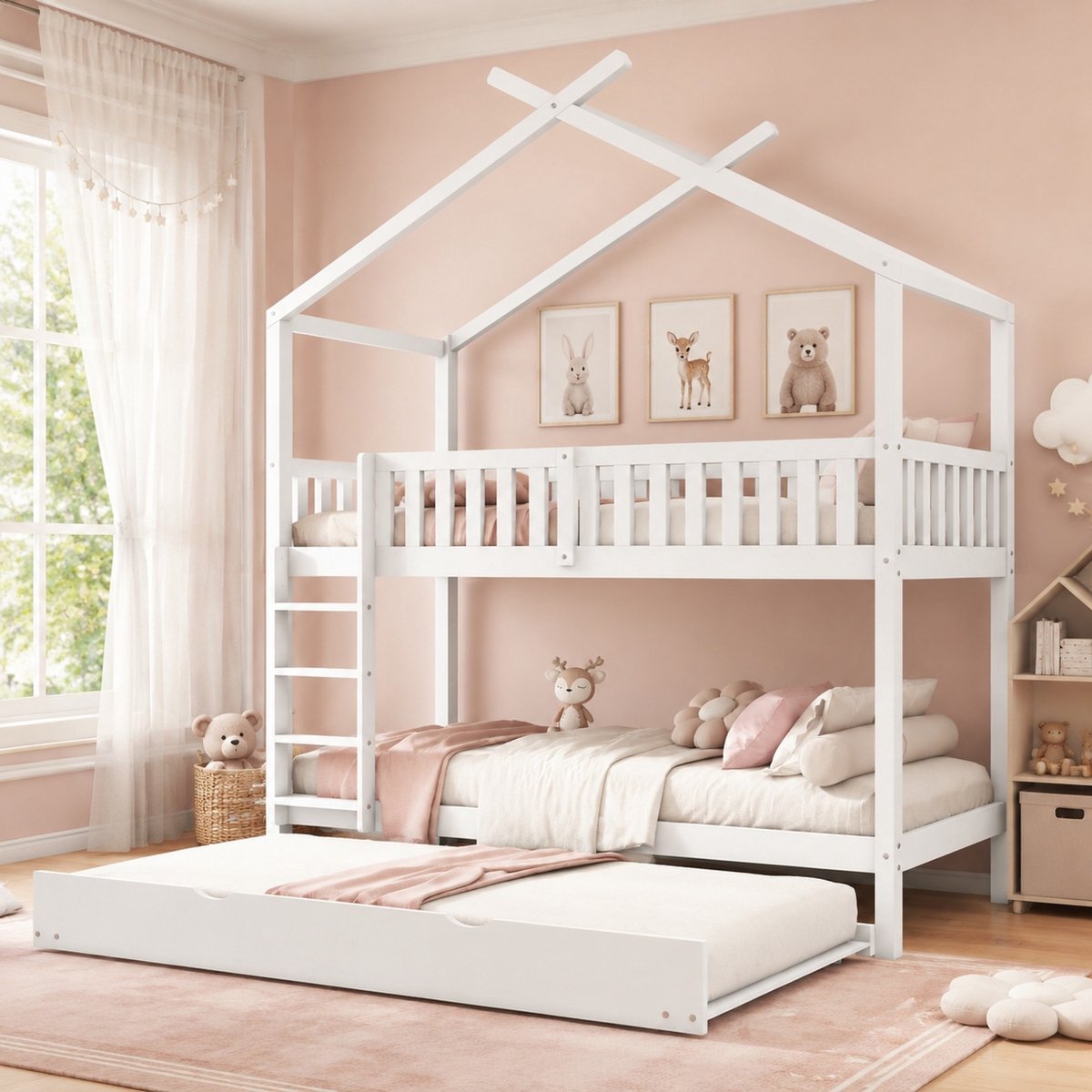 WUVRIE Stapelbed 90x200 cm met uitschuifbed, ladder en veiligheidsreling, wit