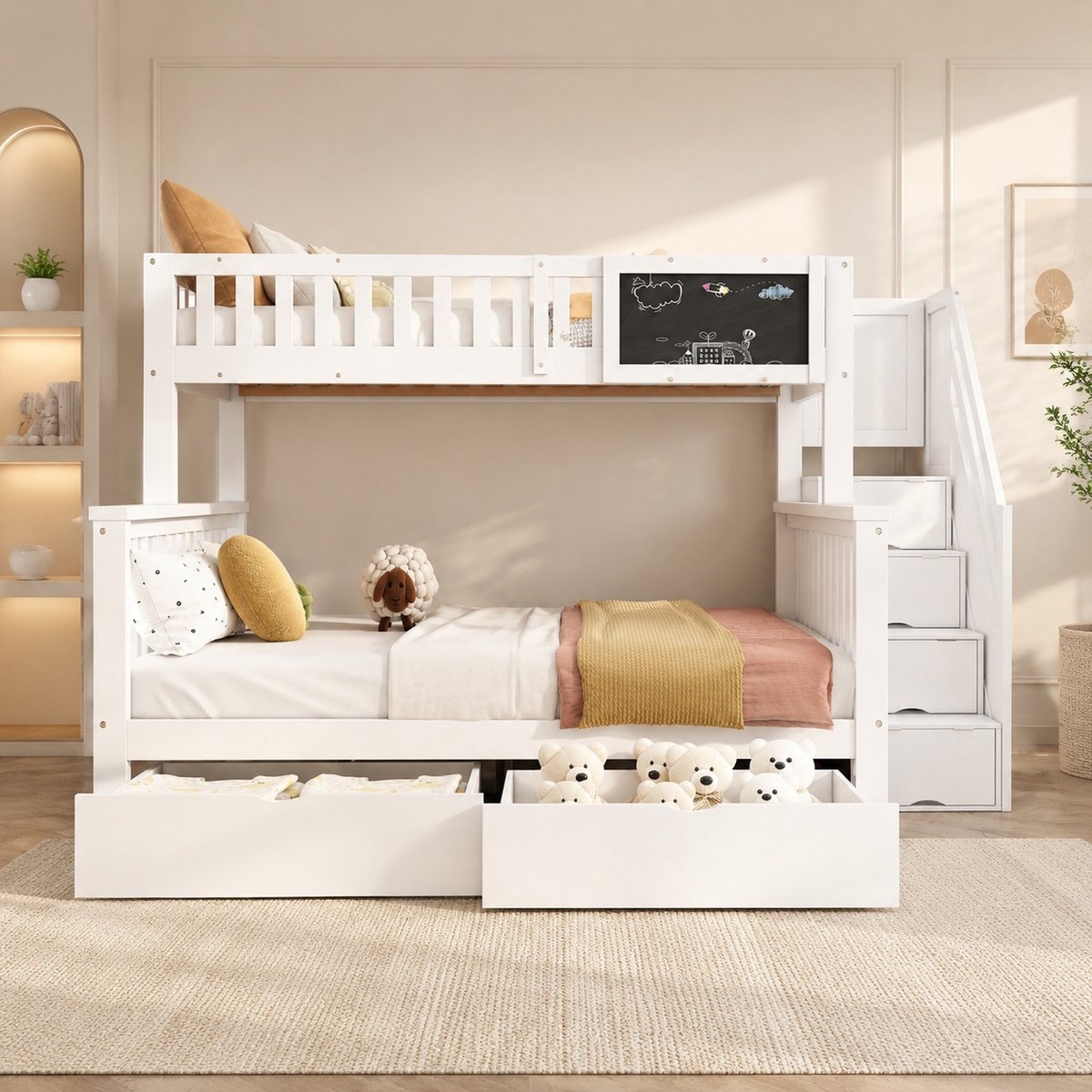 WUVRIE Kinderstapelbed 90x200 en 140x200 cm met krijtbord, opbergtrap en 2 lades, wit