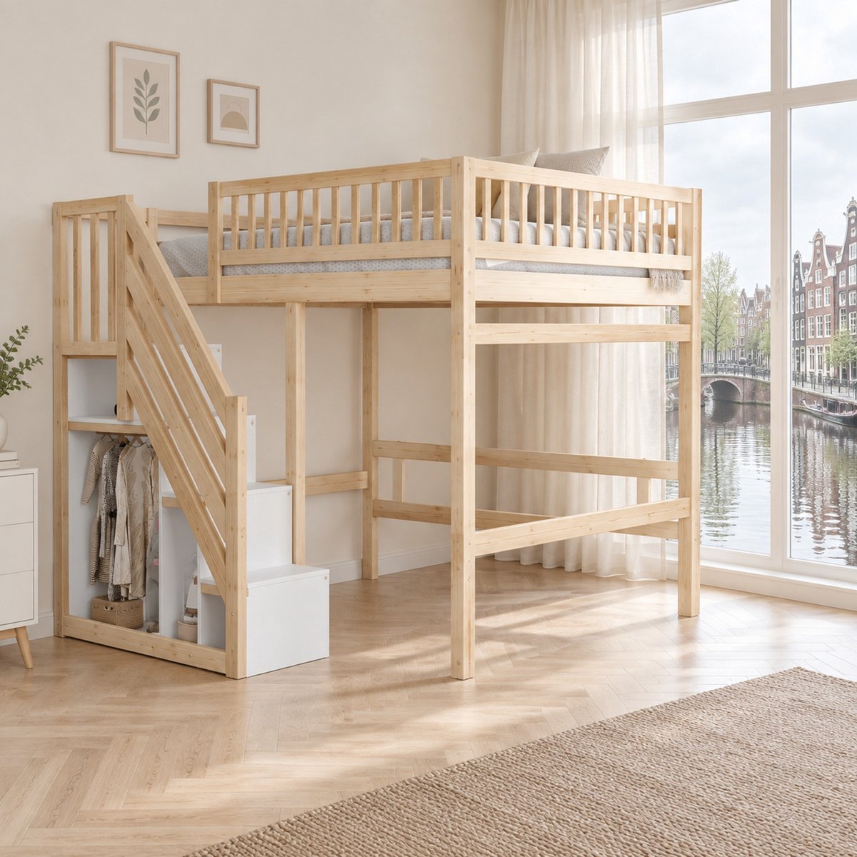 WUVRIE Hoogslaper 140x200 cm met opbergtrap en hoge uitvalbeveiliging, naturel