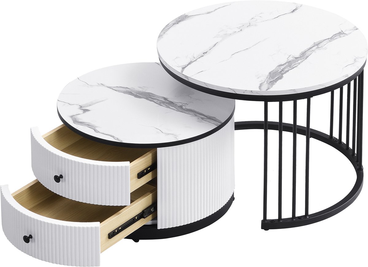 MUVANO Salontafel set wit marmerlook - Ronde salontafel met lades - Nesting tafels - 60x60x45,5 cm en 50x50x32 cm - Ruimtebesparend - Woonkamer Wit