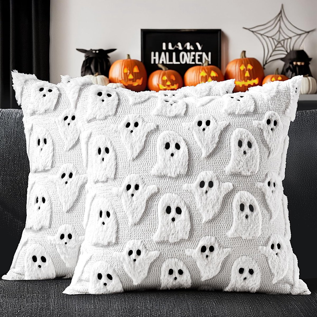 Set of 2 White Halloween Ghost Pillow Covers 18×18 Inch - 3D Embroidered Faux Fur Polyester Cushion Cases, Spooky‑Chic Neutral Decor for Sofa Bedroom Farmhouse Home Decor (Inserts Not Included)