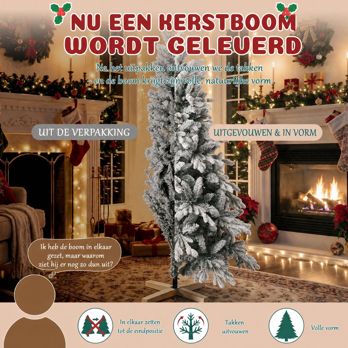 Arvioo kunstkerstboom‑180cm‑sneeuw‑voorverlicht‑warmwit‑LED‑houten voet‑PVC‑PE – foto 6