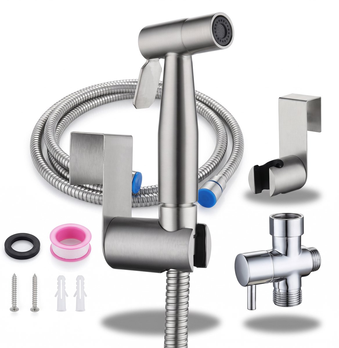 RVS 304 bidet handdouche set - 4-delige drukverhogende bidetsproeier met 150 cm metalen slang, toiletreservoirhouder en waterverdeler - G1/2 - Douchekoppen - Bidet - Handdouche - Zilver -Vaginale Douche Sproeier - Postpartum Spoelfles Spray