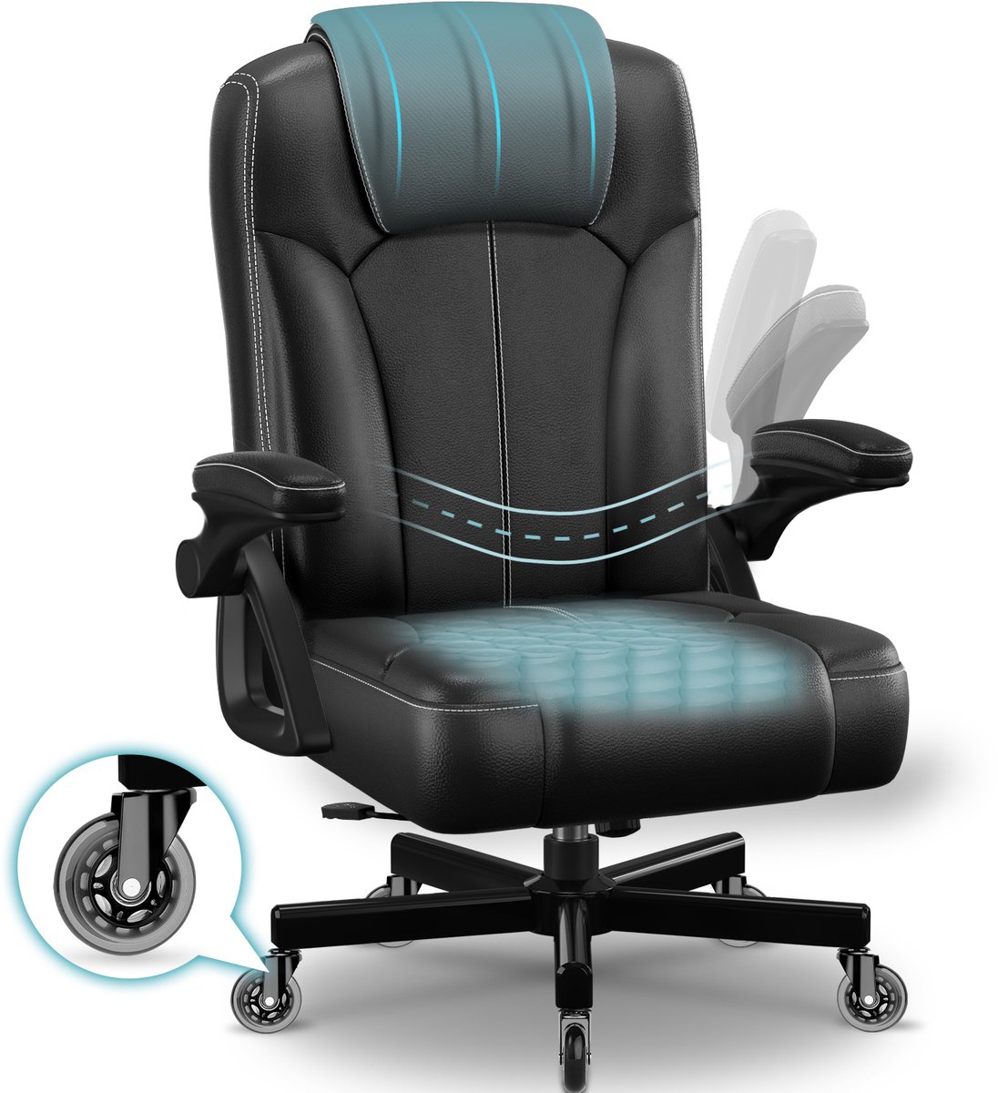 Hiazurm Bureaustoel - Ergonomische Bureaustoel - Comfortabele Kantoorstoel met S-vormige Rugleuning - 90° Opklapbare Armleuningen - Memory Foam Zitkussen - Verstelbare Rugleuning 90°-120° - 150 kg - Met stille wielen - Zwart