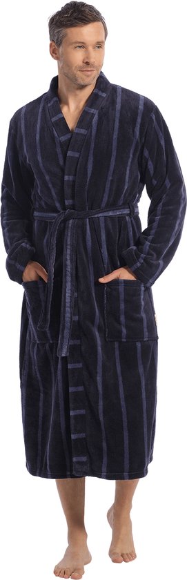Badjas heren kimono kraag - fleece - Ten Cate-l-blauw/strepen