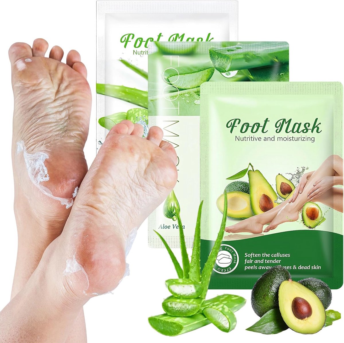 Peeling-masker voor voetpeeling, aloë vera, avocado, 3 paar