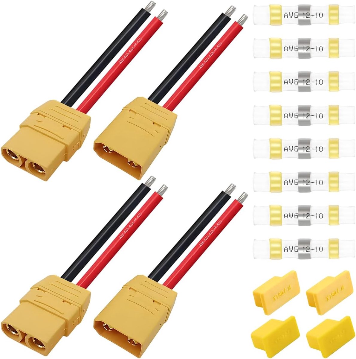 2 paar XT90U stekker mannelijke vrouwelijke connectoren met 10AWG siliconen kabel, XT90 upgrade batterij uitbreiding adapter pigtail kabel voor RC Lipo-batterij FPV-drone vliegtuigen, stofkap