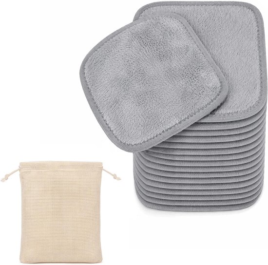 Set van 14 grijze microvezeldoekjes met een beige waszakje van gaas.