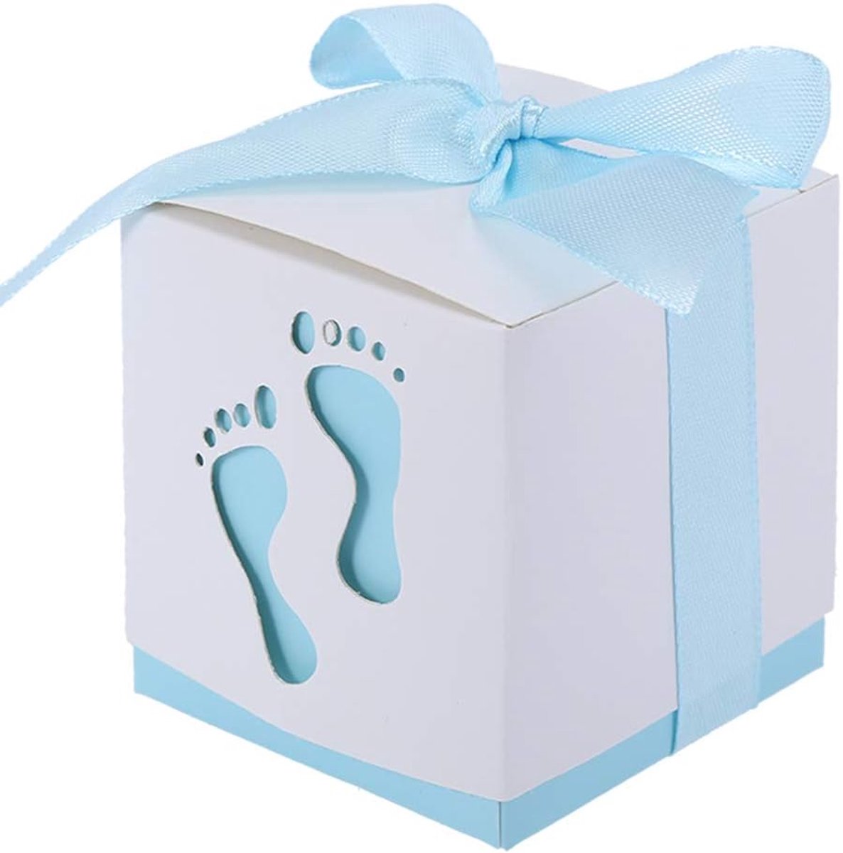 50 stuks babyshower geschenkdozen, blauw-roze voetafdruk geschenkdozen voor kinderverjaardag, babyshower, gasten, bruiloft, feestaccessoires met lint (blauw)