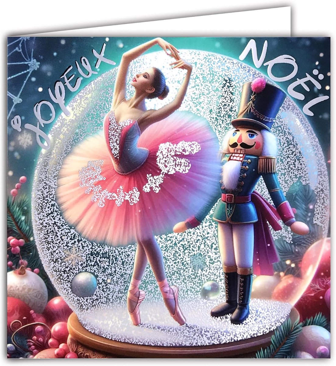 Vierkante kaart, vrolijk kerstfeest, sneeuwbal, zilverkleurig, glanzend, met vierkante envelop, wit, formaat 15 x 15 cm, ballerina, dansende ster, tutu, roze en houten soldaat, notenkraker