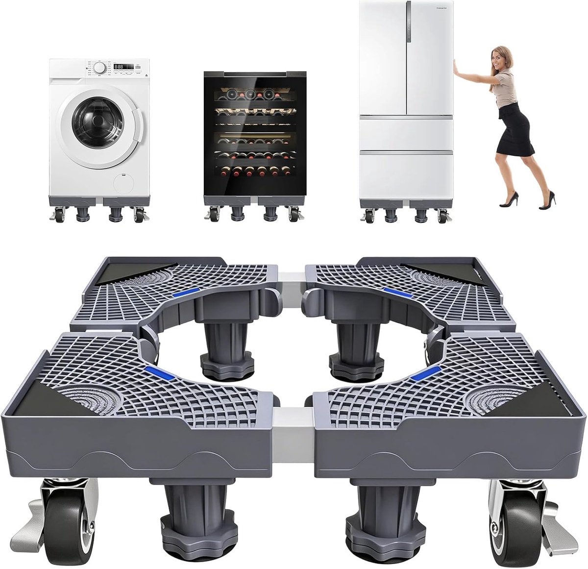 Wasmachineonderstel met 4 wielen en 4 poten, verstelbaar 41-66 cm lengte en 10-13 cm hoogte, berenbelasting 200 kg, voetstuk voor wasmachine, droger, koelkast, antislip