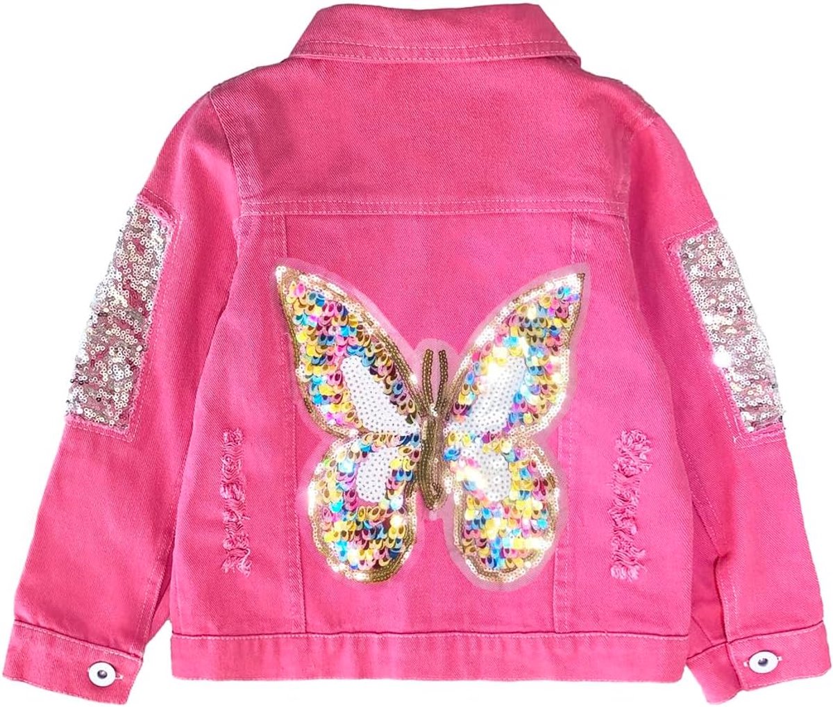 3-7Years Little Big Girl Roze Denim Jas Vlinder Pailletten Uitloper