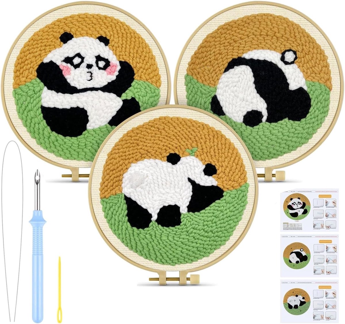 Ponsnaaldset voor beginners: panda DIY-borduurset met bedrukte patronen, ring, kleurrijk garen. Eenvoudig dierencadeau voor kerst, verjaardag, huisdecor.