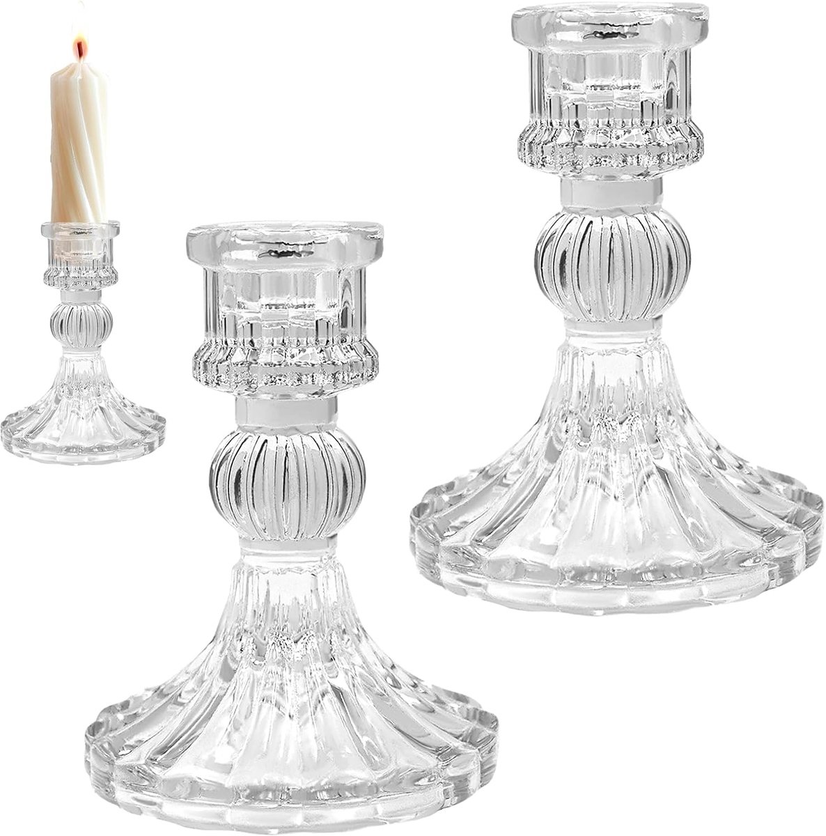 Set van 2 glazen kandelaars, transparante getextureerde standaards voor conische kaarsen, 0,82 inch binnenopening, bruiloft tafel en eetkamer decor