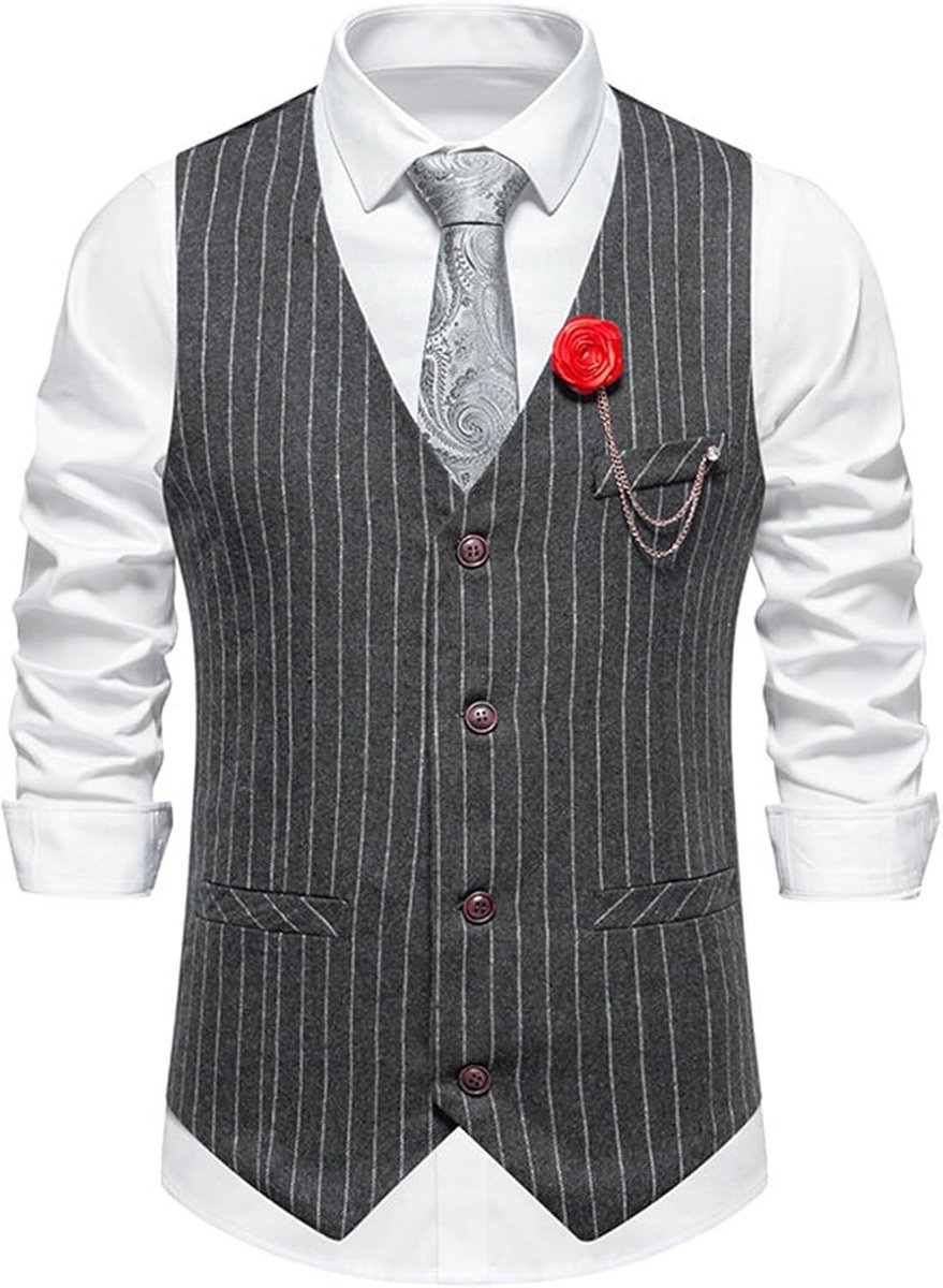 Retro heren casual pak vest gestreept (grijs, L)