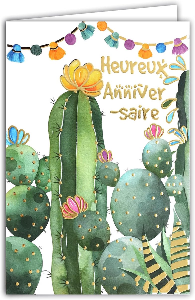 Wenskaart voor verjaardag, cactus, bloemen, pompons, zwart en goudkleurig, glanzend, chique, modieus