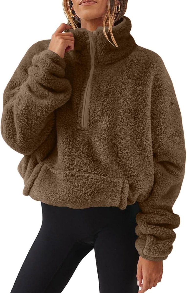 Dames sweatshirt zonder capuchon, fleece, oversize, met halve ritssluiting, opstaande kraag, met zakken, Csausl, sport, winter, herfst, warm fleecejack