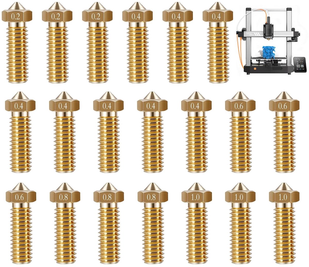 20 stuks 3D-printersproeiers van messing voor Kobra 3 en Kobra 3 Combo, accessoireset voor 3D-printer met 0,2 mm, 0,4 mm, 0,6 mm, 0,8 mm en 1,0 mm, ter voorkoming van 3D-printerklomp