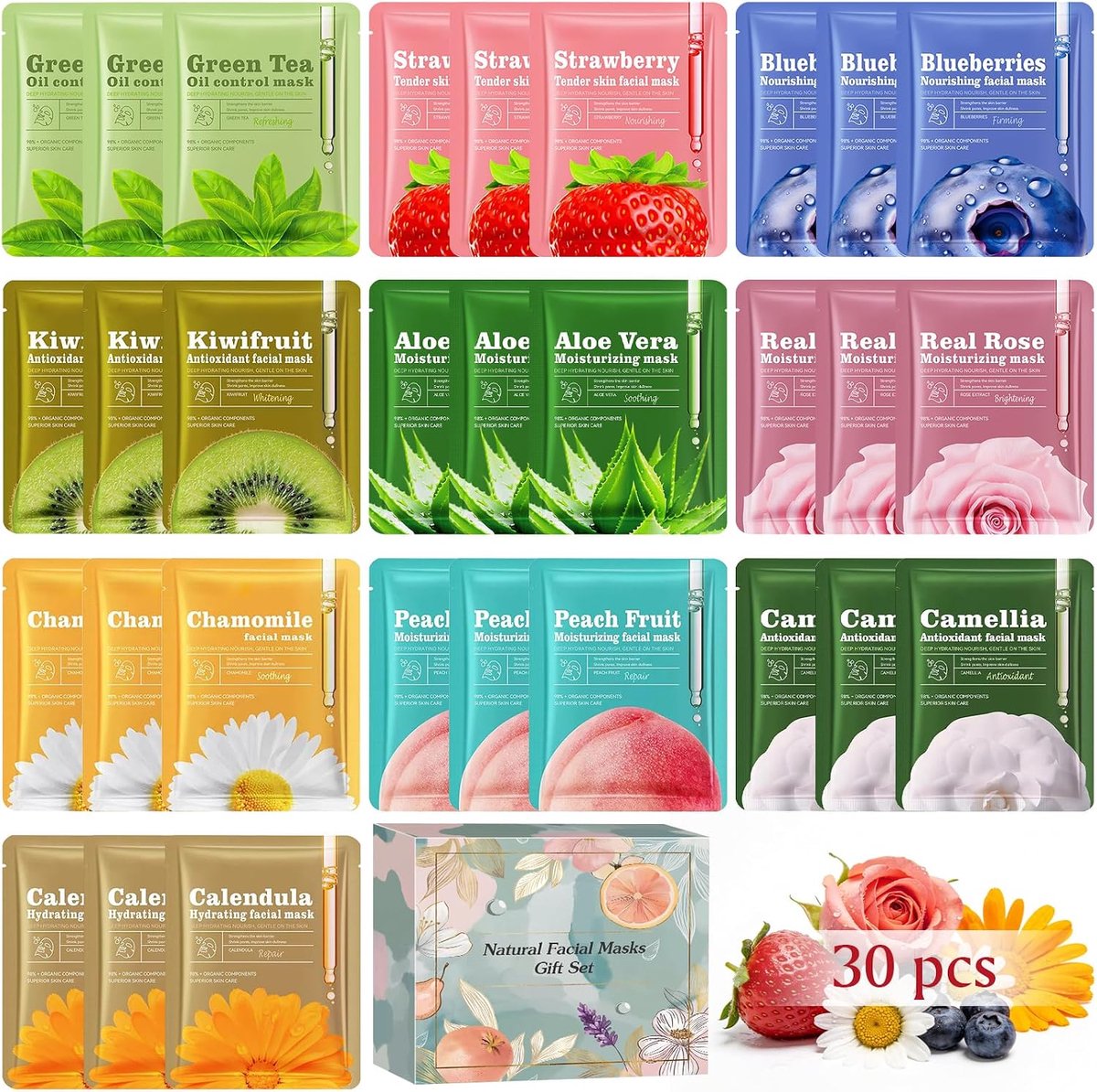 Maskerset met natuurlijke ingrediënten, hydraterend en rustgevend gezichtsmasker, vochtinbrengende doekmaskers voor dames, beautyset, cadeau voor vrouwen, tieners en meisjes