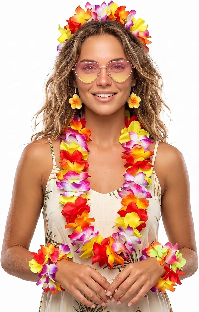 Dames set 7-delig: kleurrijke bloemenketting, hoofdband, armbanden, retro zonnebril & oorbellen | Hawaï-accessoires dames voor Luau party, strandfeest, carnaval & zomerfestivals