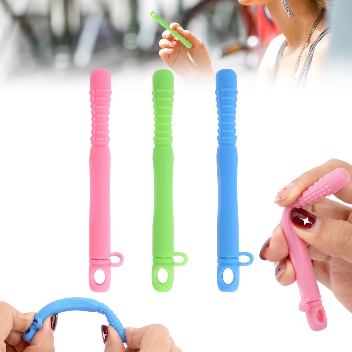 Lasuroa 3st Kauwbare Ademhaling Stoppen met Roken, Draagbaar Siliconen Kauwbare Ademstok met Etherische Olie voor Verbetering van Focus & Bijtpen Gewoontes Onderweg (Roze, Blauw, Groen)