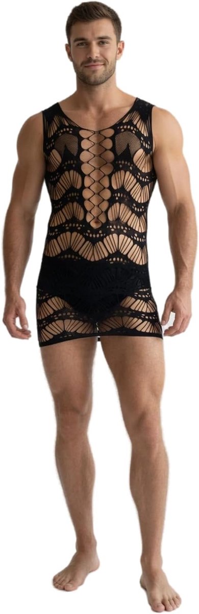 Mini-jurk voor heren, gestreept, met uitsparingen, sexy, nauwsluitend, heuprok, cluboutfit, feestonderhemd, pyjama-bovenstuk