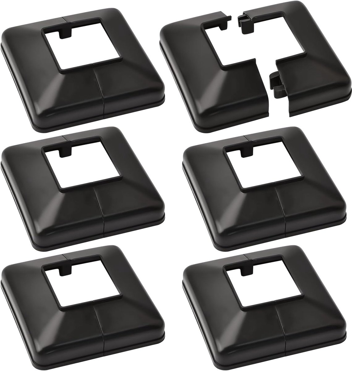 Sokkelplaat voor paal, 6 stuks 50x50mm kunststof dekplaten voor paalmantel Decoratieve gesplitste paalsokkel voor vierkante leuningbasis voor trapleuning en omheining (Zwart)