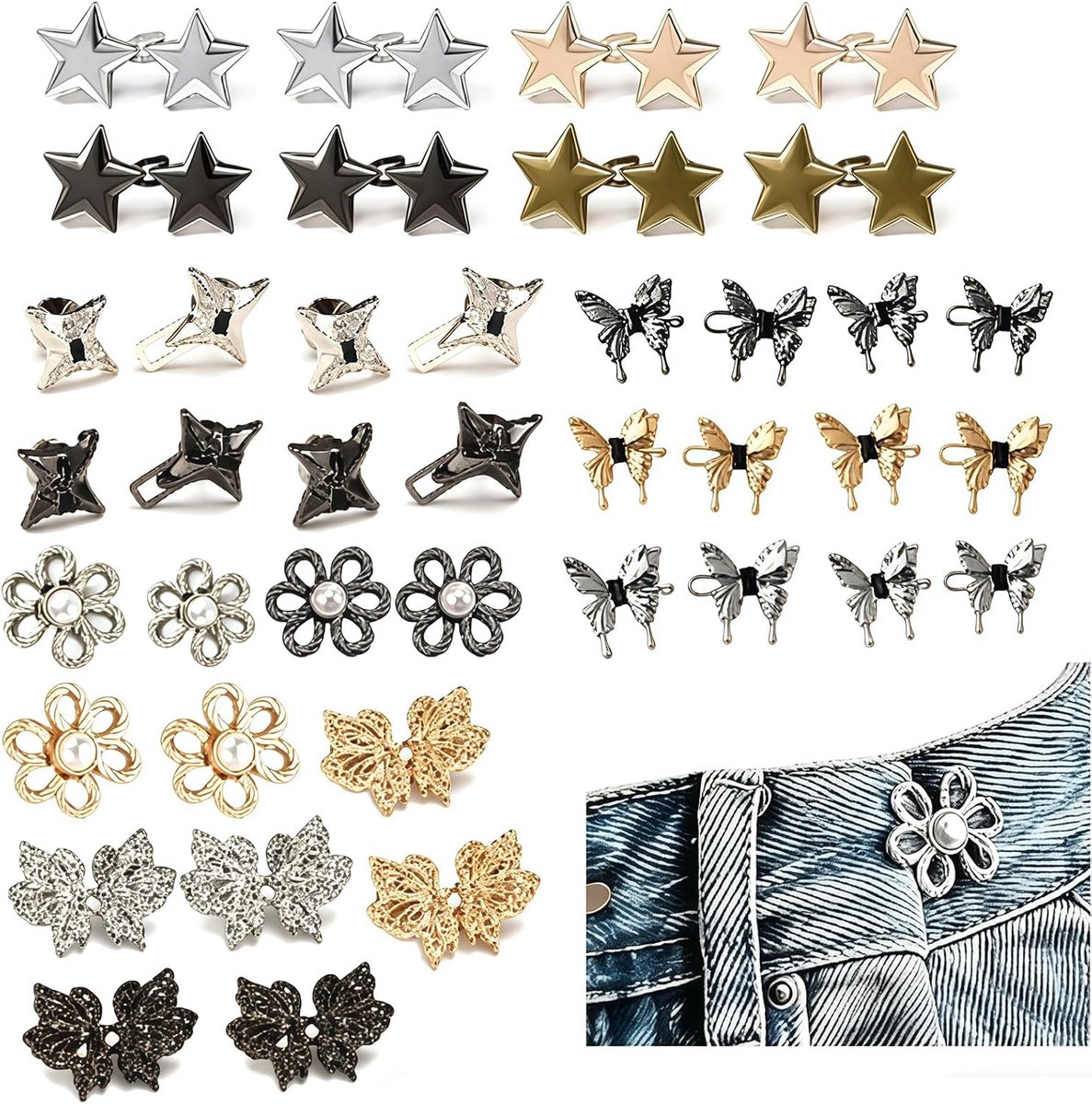 30-delig Set om Broekbanden te Verstellen, Verstelbare Metalen Clips en Knopen voor Jeans, Broeken, Rokken en Jurken, Herbruikbaar Zonder Naaien