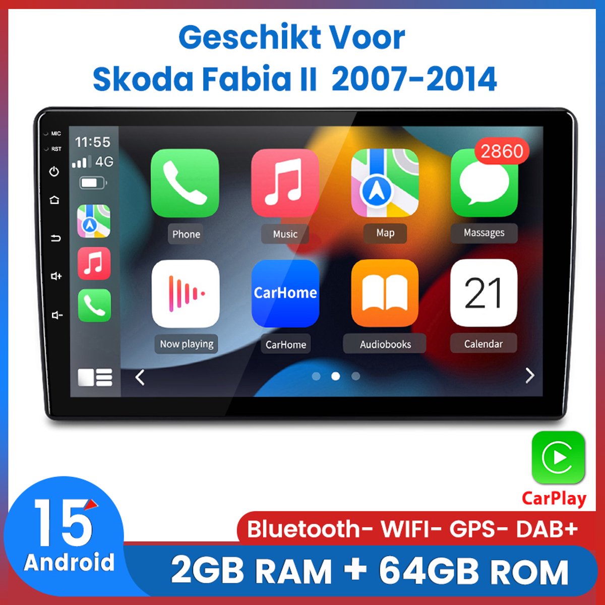 Awesafe Autoradio - Geschikt Voor Skoda Fabia II 2007 t/m 2014 - Ram 2GB+ Rom 64GB - Draadloos CarPlay & Android Auto - Android 15.0 Systeem - Bluetooth & WiFi - GPS Navigatie - 2007 2008 2009 2010 2011 2012 2013 2014
