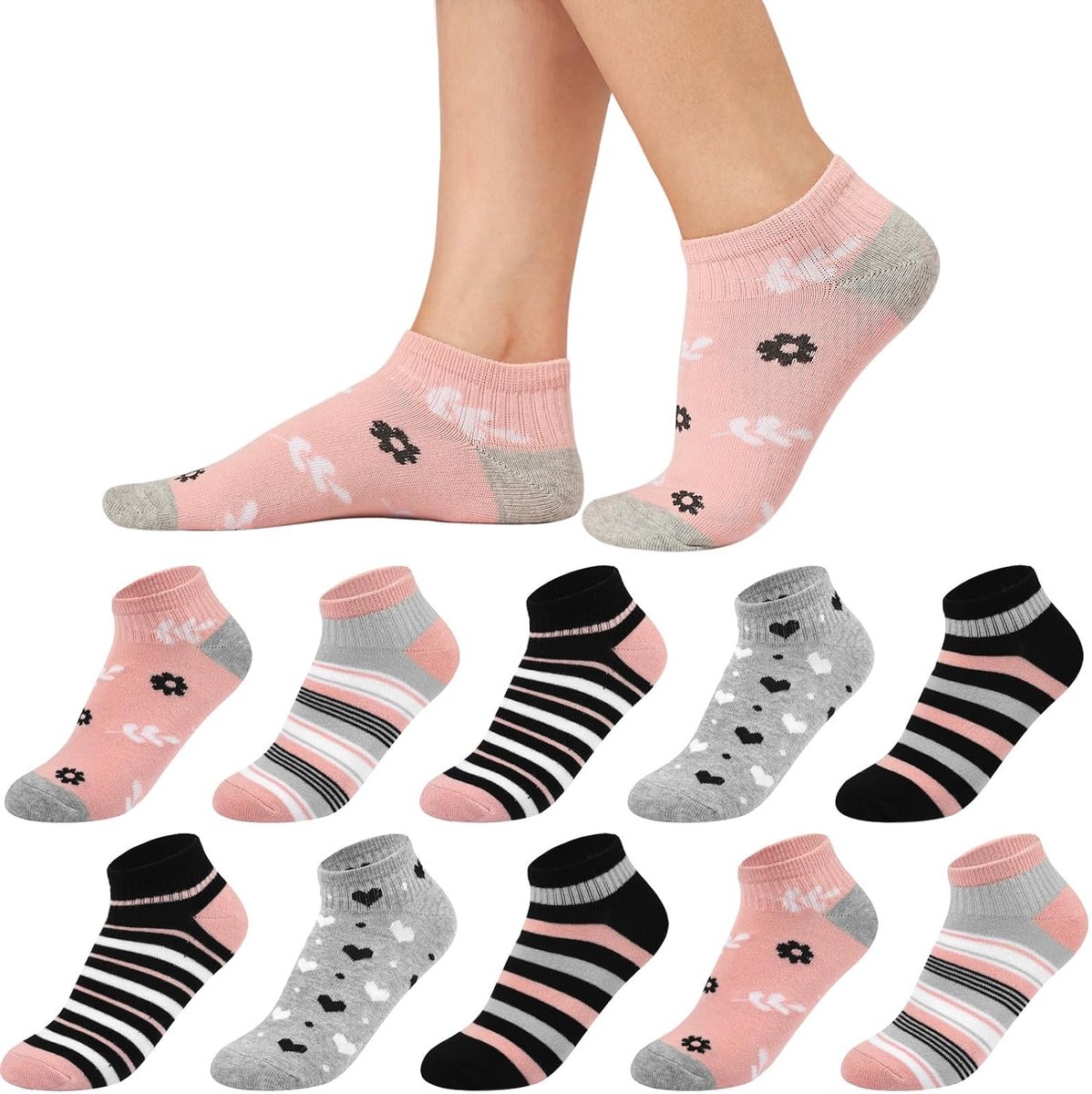 Sokken voor dames, 35-38, 39-42, 10 paar, katoen, korte sokken voor meisjes, meerkleurige sneakersokken, kleurrijke damessokken met strepen stippen