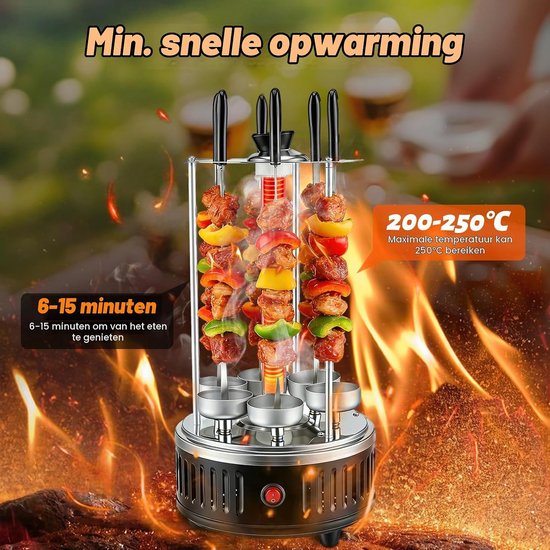 Elektrische tafelgrill, verticale barbecue van roestvrij staal, sjasliekgrill met 12 spiesen en 2 glazen buisverwarmingen, 1000 W, rookvrije binnengrill voor thuis, balkon, tuin — afbeelding 2