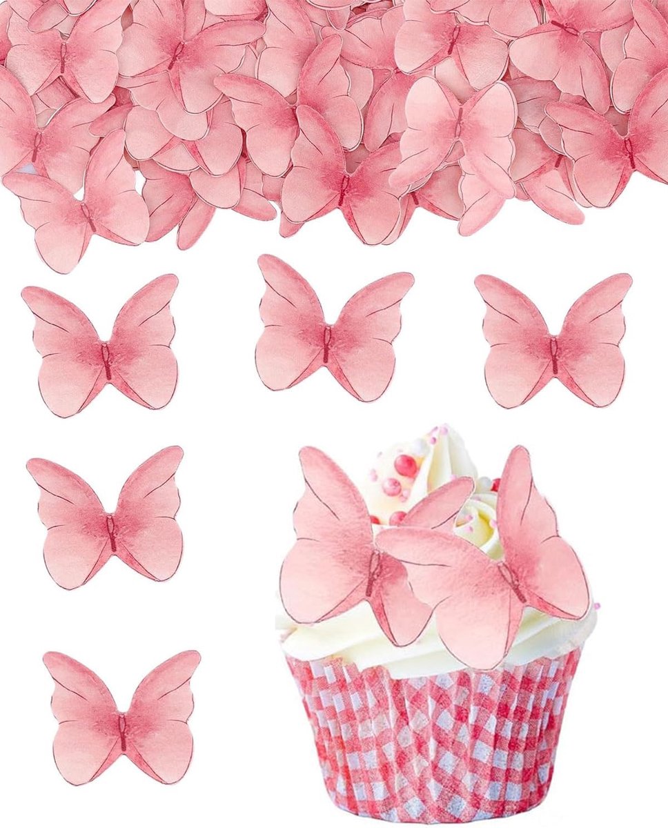 48 stuks vlindertaartdecoraties, eetbaar, rijstpapier, taartdecoratie met doos, cupcake-toppers, eetbare decoraties voor bruiloft, verjaardag, doop, feest (roze)