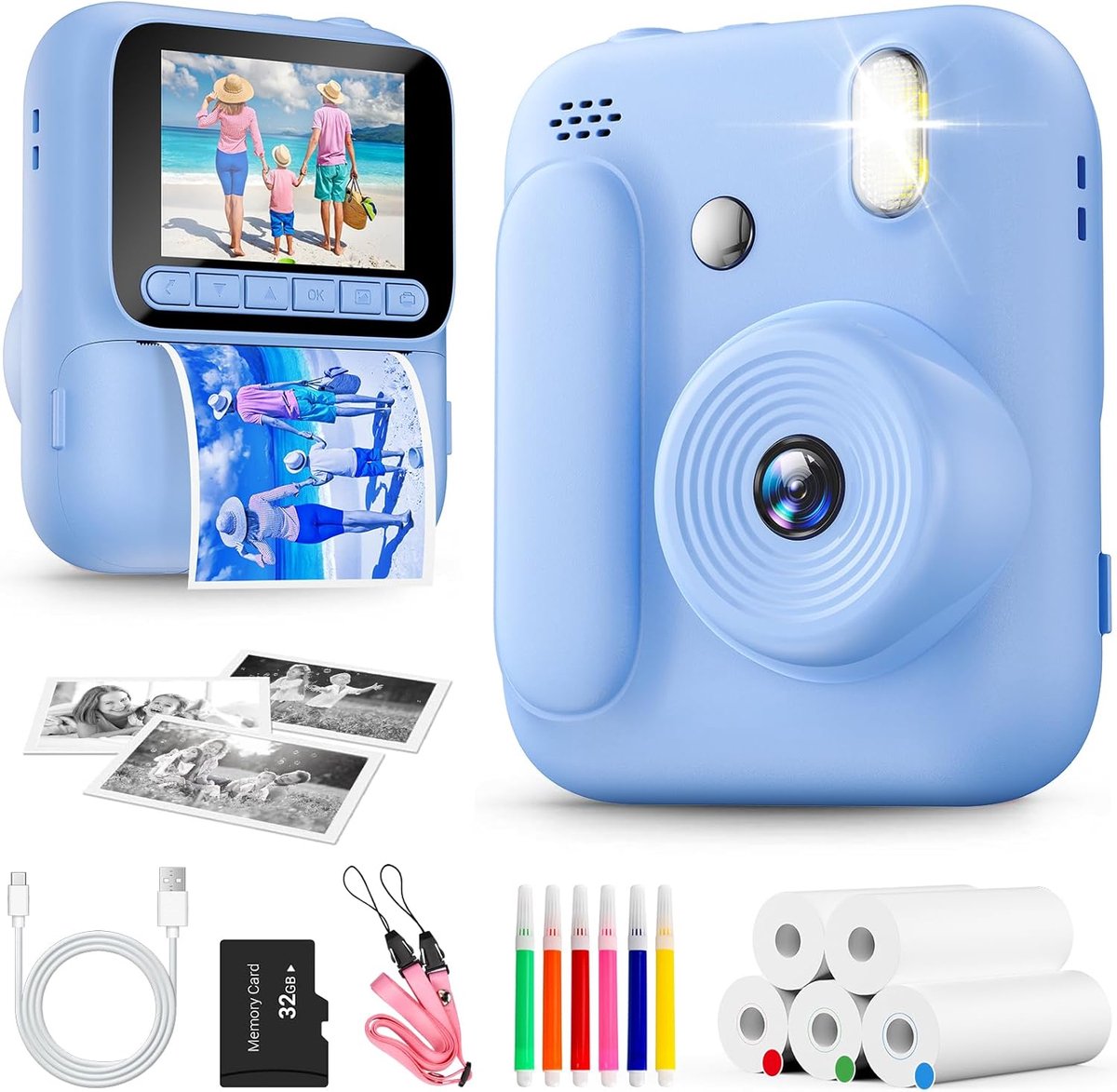 Print Camera voor kinderen, 1080P Instant Camera met 5 rollen printpapier, 32GB kaart en gekleurde pennen, draagbare digitale camera voor jongens en meisjes van 3-14 jaar-Blauw