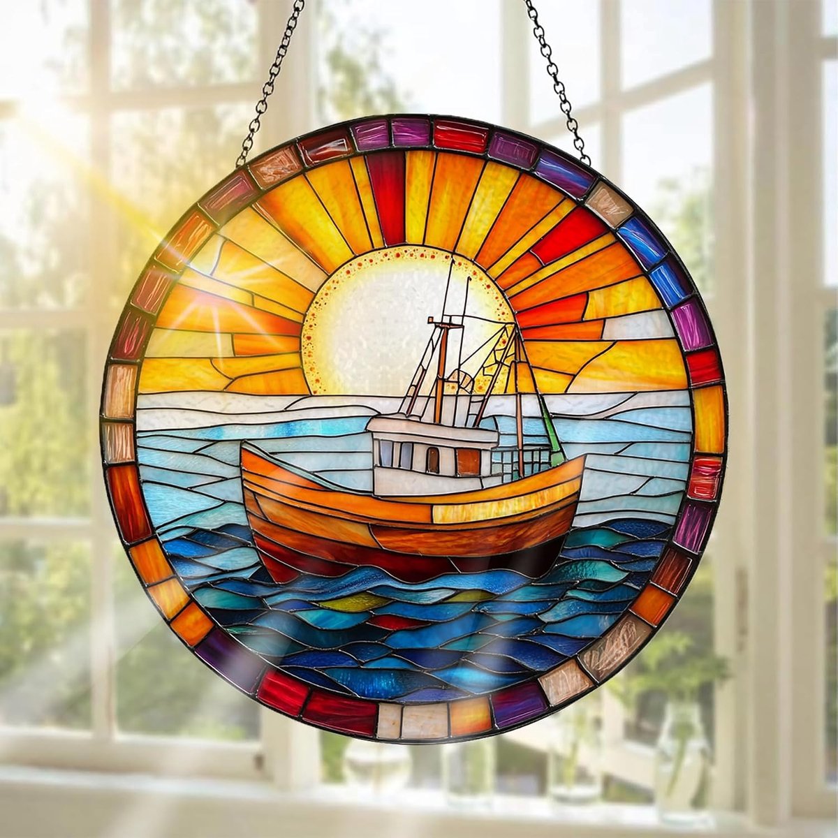 Glas-in-Lood Raamdecoratie, Ideaal Om Het Raam Mee Te Versieren Zonsondergang - Handgemaakte Raamdecoratie Voor Tuin, Raam, Binnen En Buiten, Kerstfeest, 20 X 20 cm