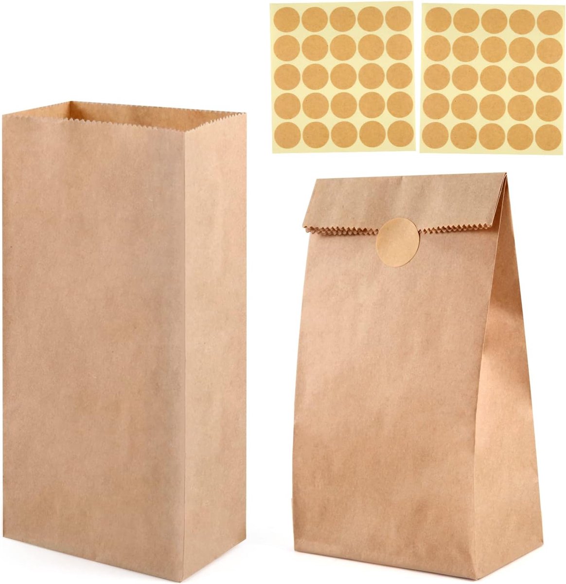 50 stuks kraftpapieren zakken, 27 × 15 × 9 cm, bruine papieren geschenkzakken met stickers voor bruiloft, verjaardag, cadeau en feestbenodigdheden