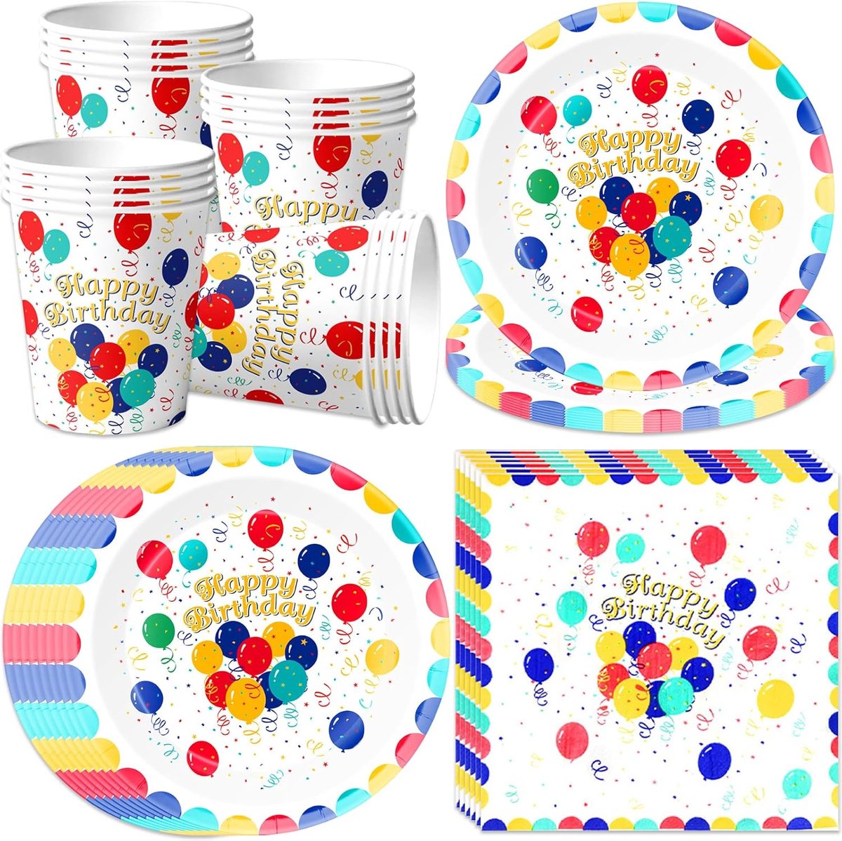 Verjaardagsfeestserviesset, Happy Birthday, kinderverjaardag, papieren borden, bekers, servetten, 16 gastenserserviesset, mannen, vrouwen, kinderen, verjaardagsdecoratie