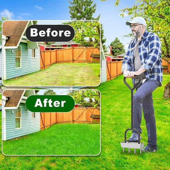 Gazonbeluchter, verbeterde kern holle tand gras beluchting tool handleiding tuin bodem plugger 4 Prong Heavy Duty Coring Beluchting Spike Driehoek Handvat met Core Opslag Tray & Clay Release — afbeelding 5